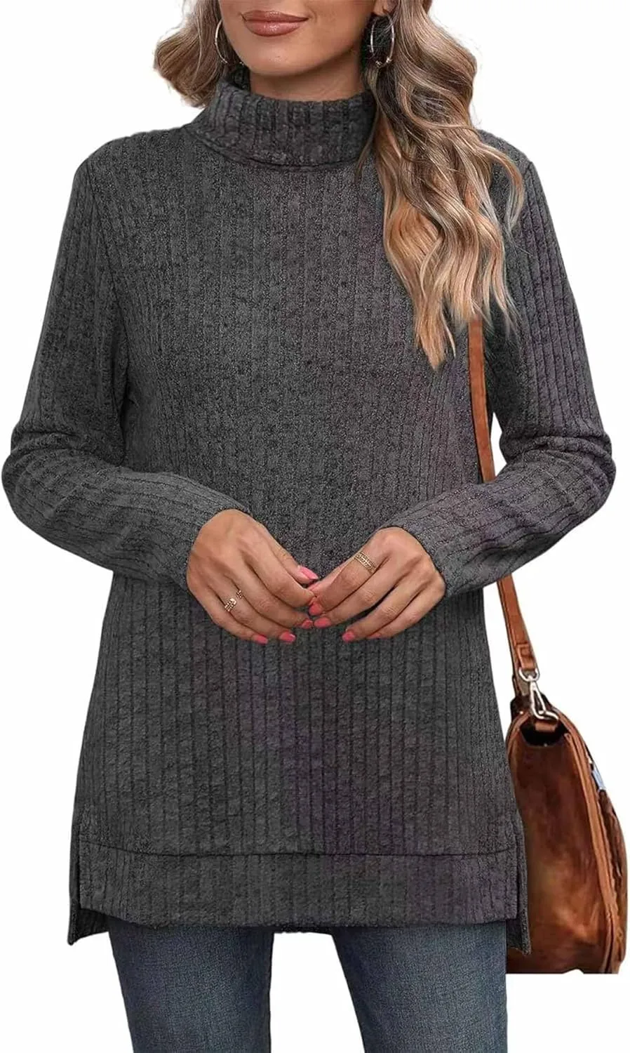 Raboolion Women's High Neck Ribbed Pullover Elegant Oversized Turtleneck Side Split Tunic Tops Sweaters