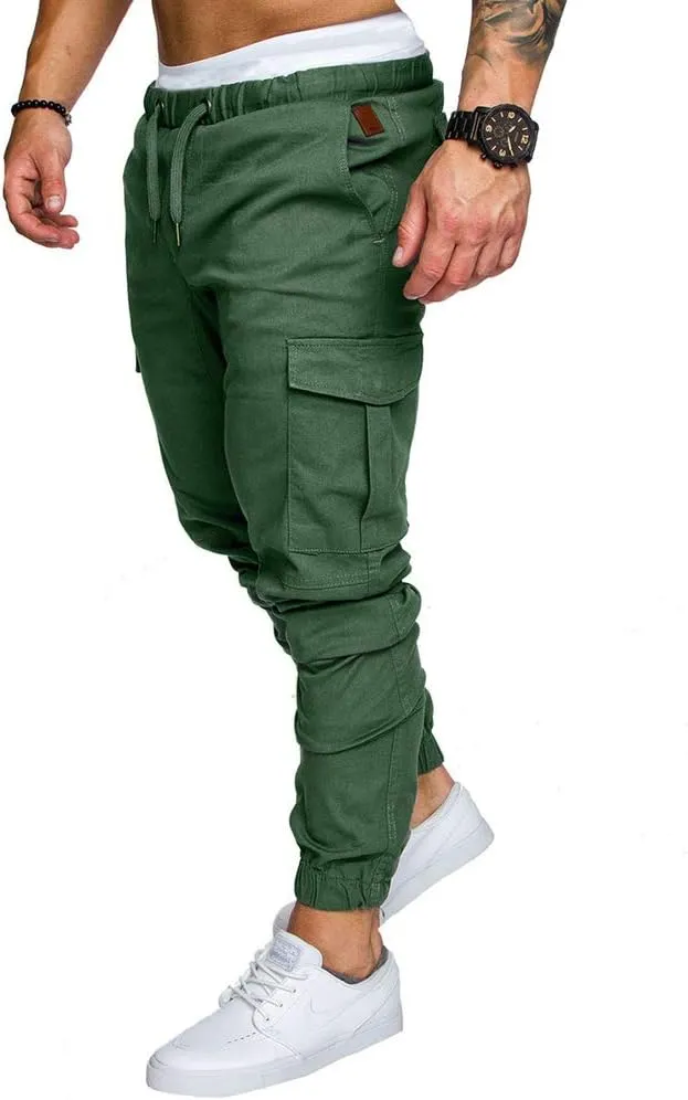 sandbank Men's Jogger Pants Multi Pocket Casual Pants Low Waist Solid Trousers Stretch Slim Fit Sports Cargo Pants