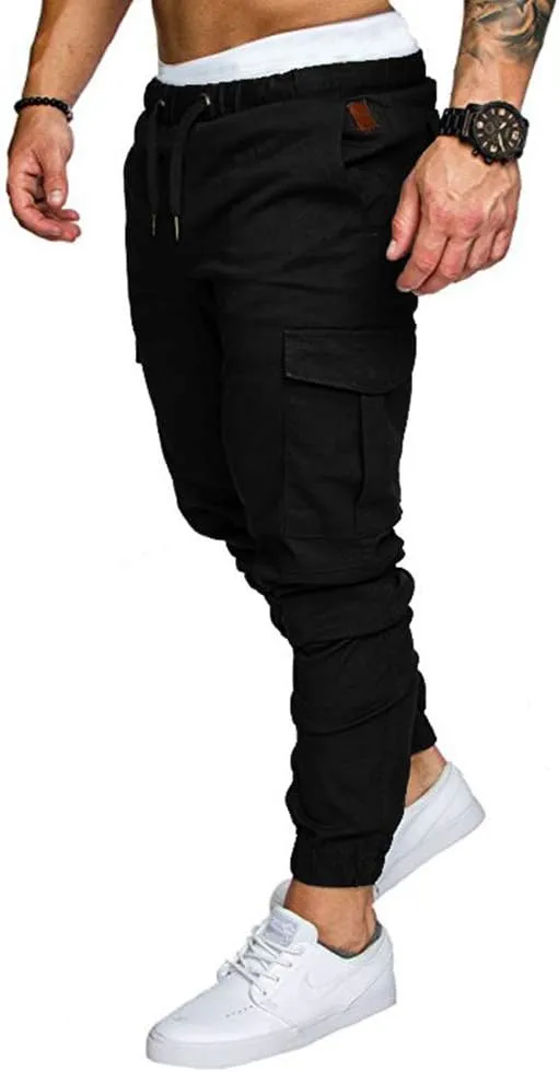 sandbank Men's Jogger Pants Multi Pocket Casual Pants Low Waist Solid Trousers Stretch Slim Fit Sports Cargo Pants