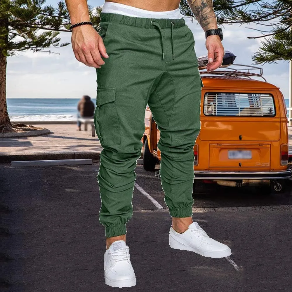 sandbank Men's Jogger Pants Multi Pocket Casual Pants Low Waist Solid Trousers Stretch Slim Fit Sports Cargo Pants