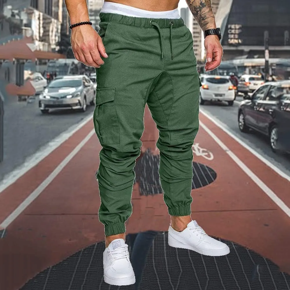 sandbank Men's Jogger Pants Multi Pocket Casual Pants Low Waist Solid Trousers Stretch Slim Fit Sports Cargo Pants