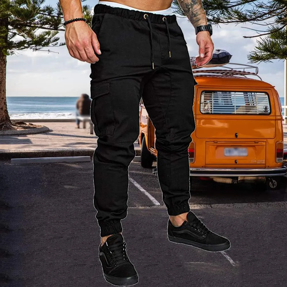 sandbank Men's Jogger Pants Multi Pocket Casual Pants Low Waist Solid Trousers Stretch Slim Fit Sports Cargo Pants