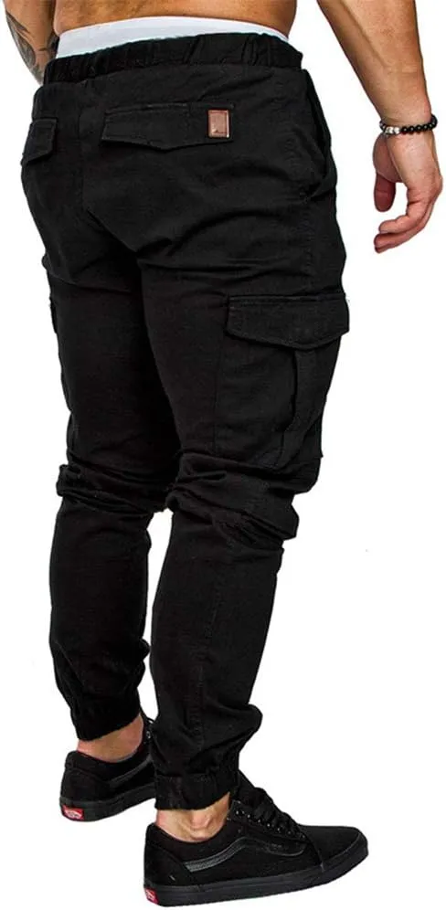 sandbank Men's Jogger Pants Multi Pocket Casual Pants Low Waist Solid Trousers Stretch Slim Fit Sports Cargo Pants