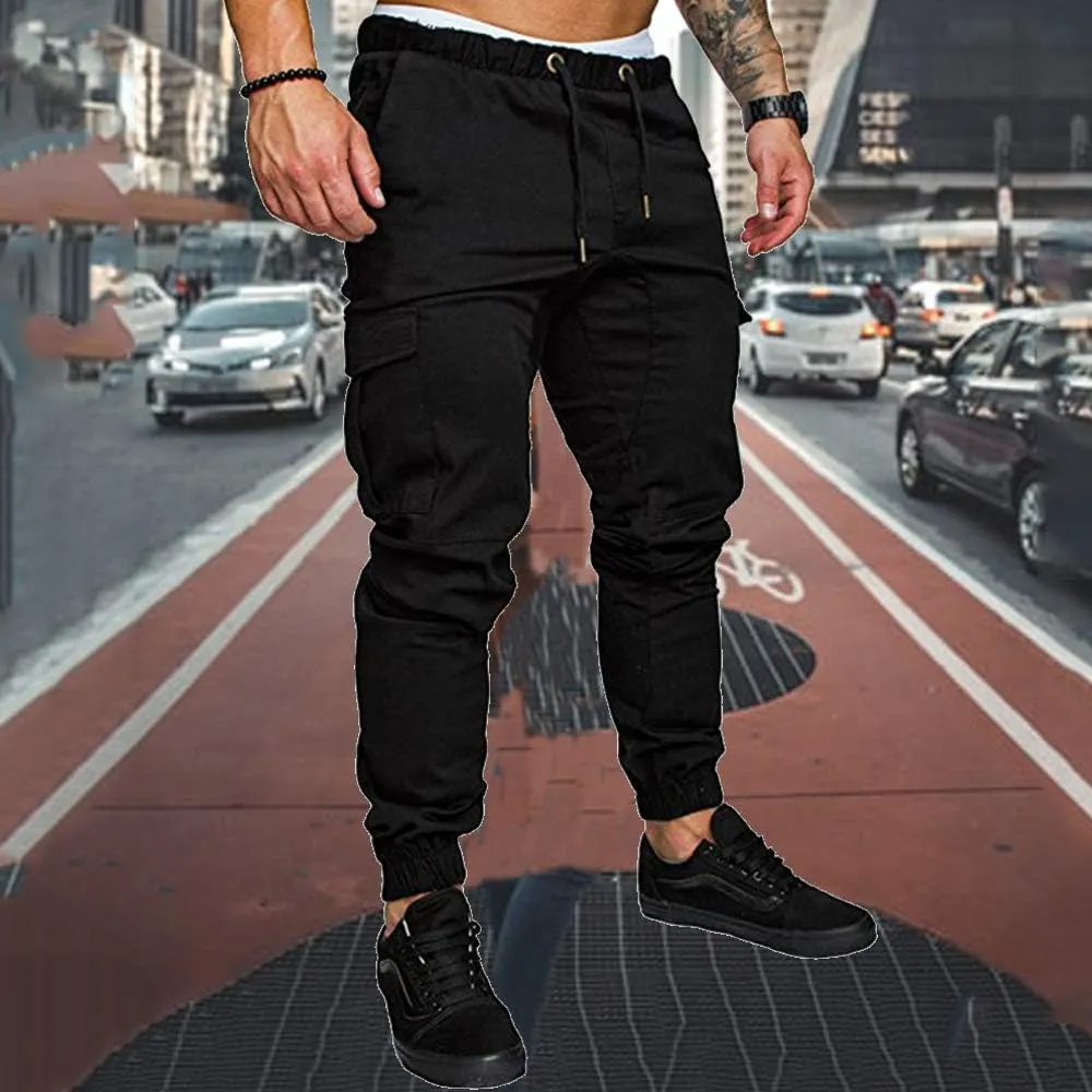 sandbank Men's Jogger Pants Multi Pocket Casual Pants Low Waist Solid Trousers Stretch Slim Fit Sports Cargo Pants