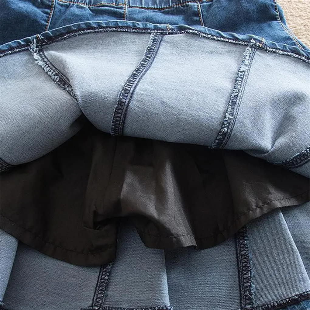 SaoBiiu Harajuku Denim Skirt Women Elastic Waist A Line Pleated Mini Jean Blue Summer Casual Skirts