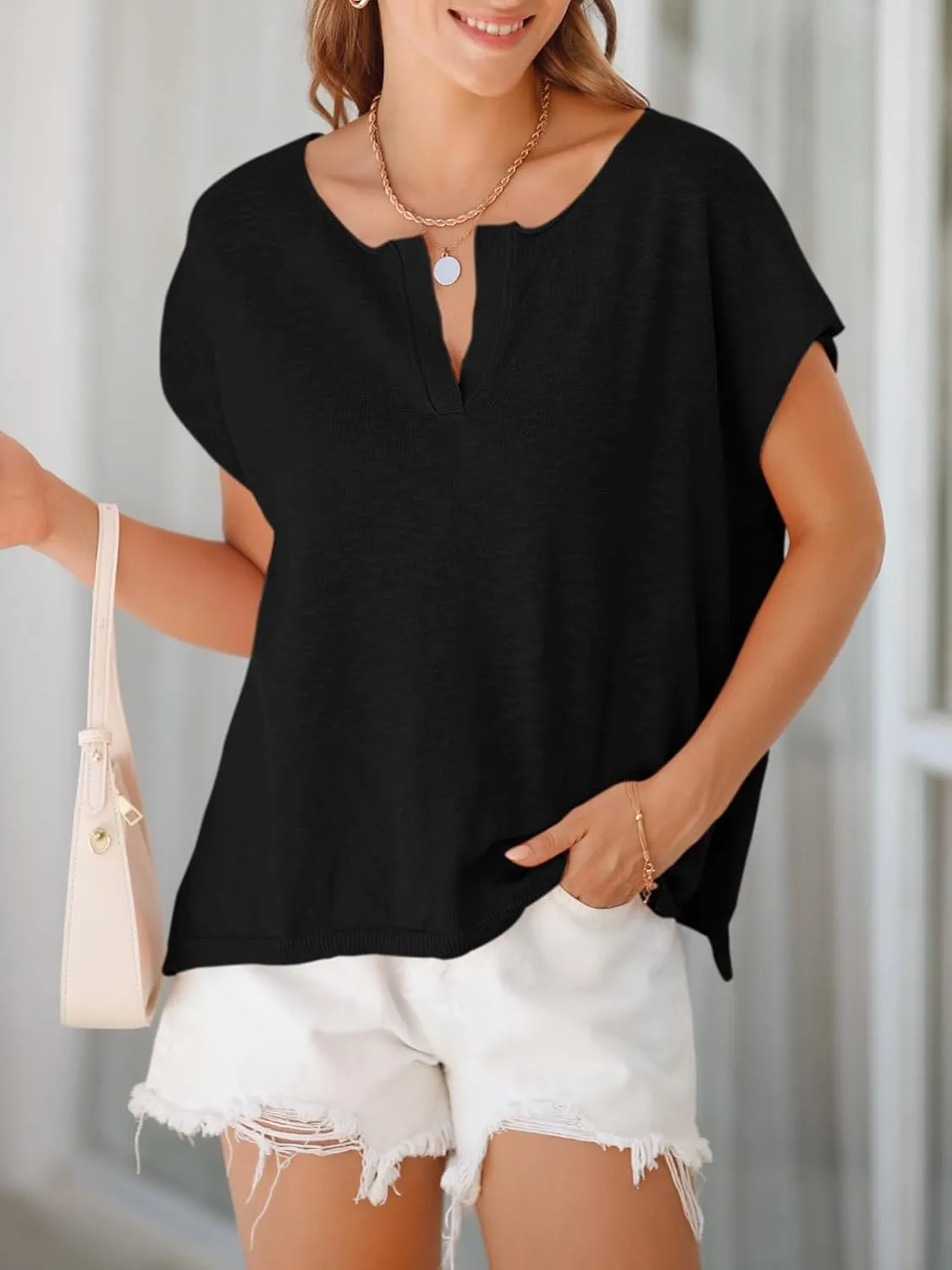Saodimallsu Womens V Neck Cap Sleeve Sweater Tops Summer Casual Loose Fit Side Split Basic Clothes Shirts