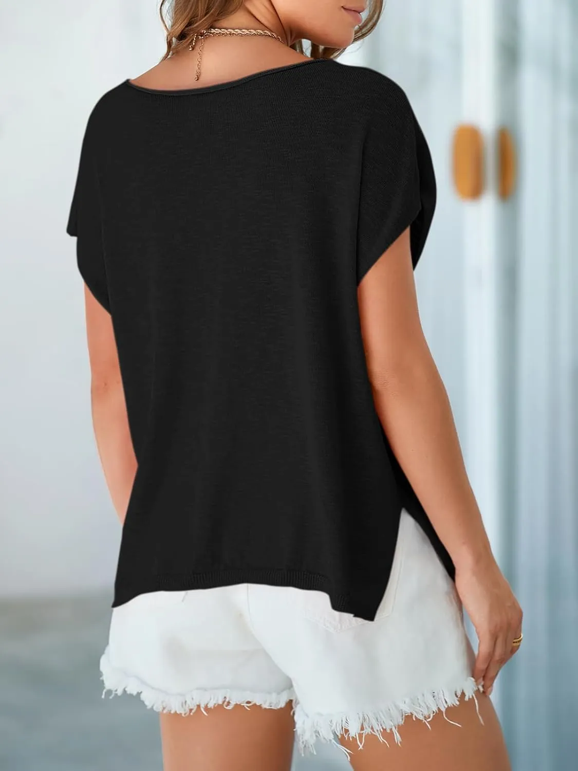 Saodimallsu Womens V Neck Cap Sleeve Sweater Tops Summer Casual Loose Fit Side Split Basic Clothes Shirts