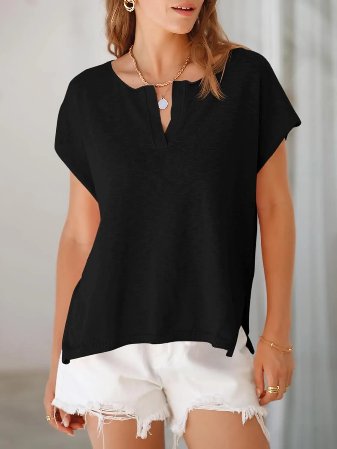 Saodimallsu Womens V Neck Cap Sleeve Sweater Tops Summer Casual Loose Fit Side Split Basic Clothes Shirts