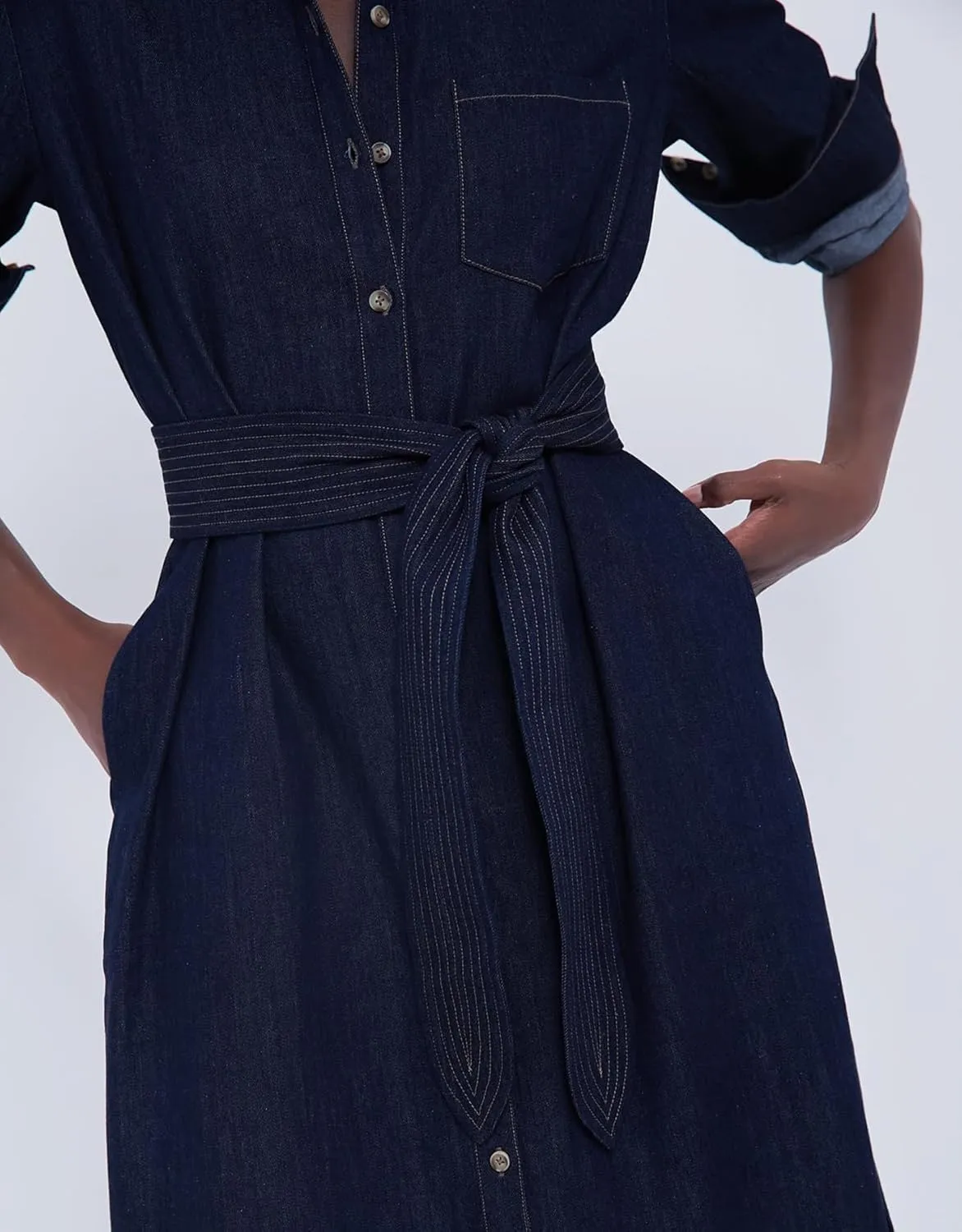 SCOFEEL Women's Denim Shirt Midi Dress V Neck Button Down Long Sleeve Casual A-Line Long Dress with Belt