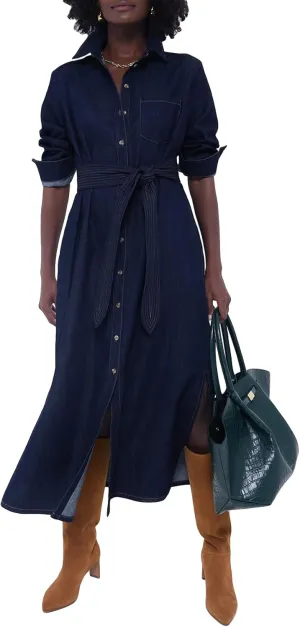 SCOFEEL Women's Denim Shirt Midi Dress V Neck Button Down Long Sleeve Casual A-Line Long Dress with Belt