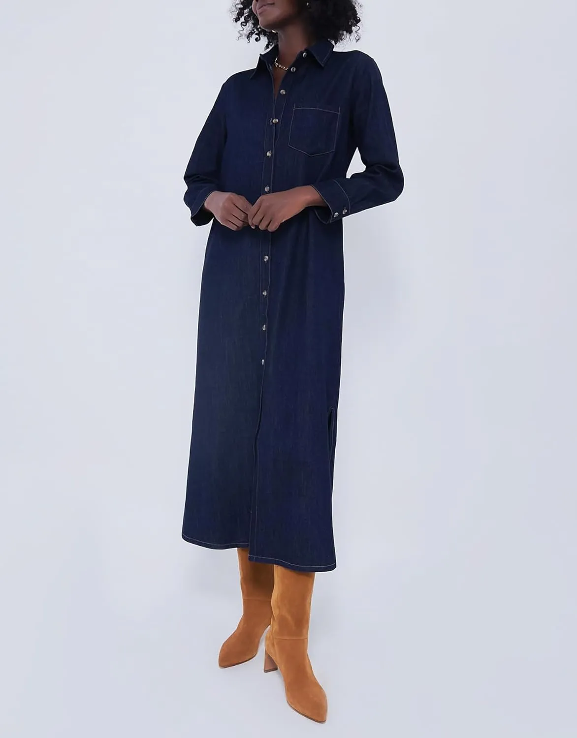 SCOFEEL Women's Denim Shirt Midi Dress V Neck Button Down Long Sleeve Casual A-Line Long Dress with Belt