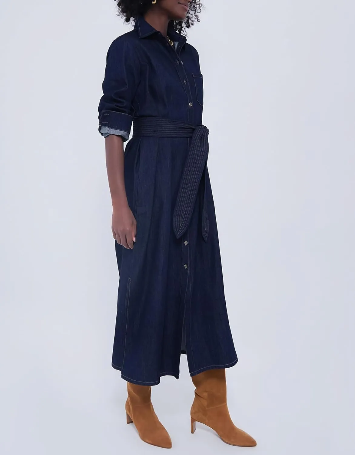 SCOFEEL Women's Denim Shirt Midi Dress V Neck Button Down Long Sleeve Casual A-Line Long Dress with Belt