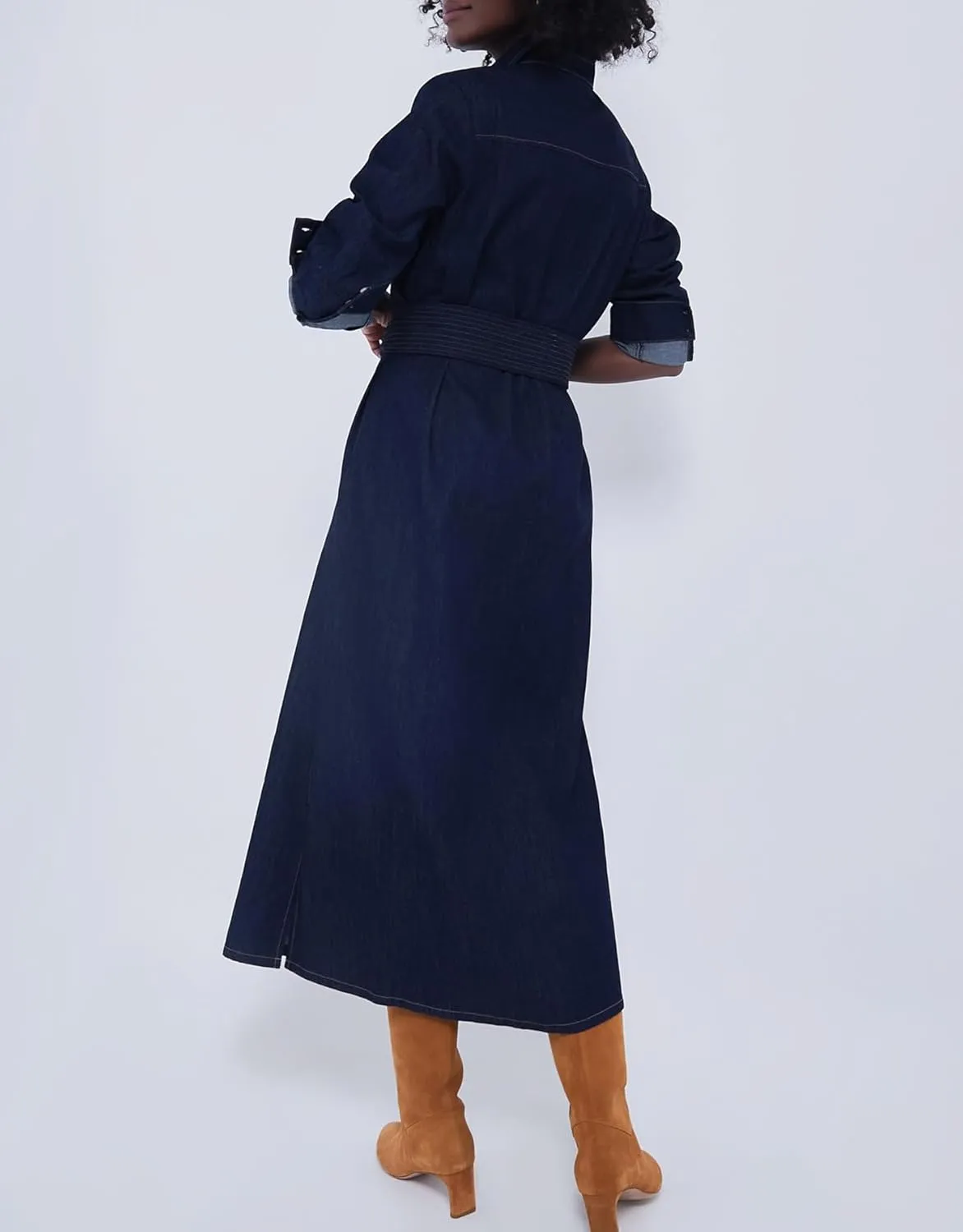 SCOFEEL Women's Denim Shirt Midi Dress V Neck Button Down Long Sleeve Casual A-Line Long Dress with Belt