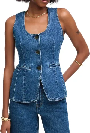 SCOFEEL Women's Denim Vest Sleeveless Scoop Neck Button Down Jean Waistcoat Casual Slim Fit Denim Tank Top