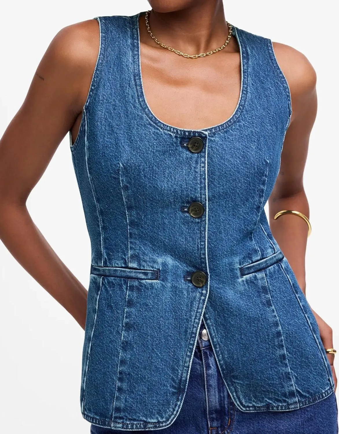 SCOFEEL Women's Denim Vest Sleeveless Scoop Neck Button Down Jean Waistcoat Casual Slim Fit Denim Tank Top