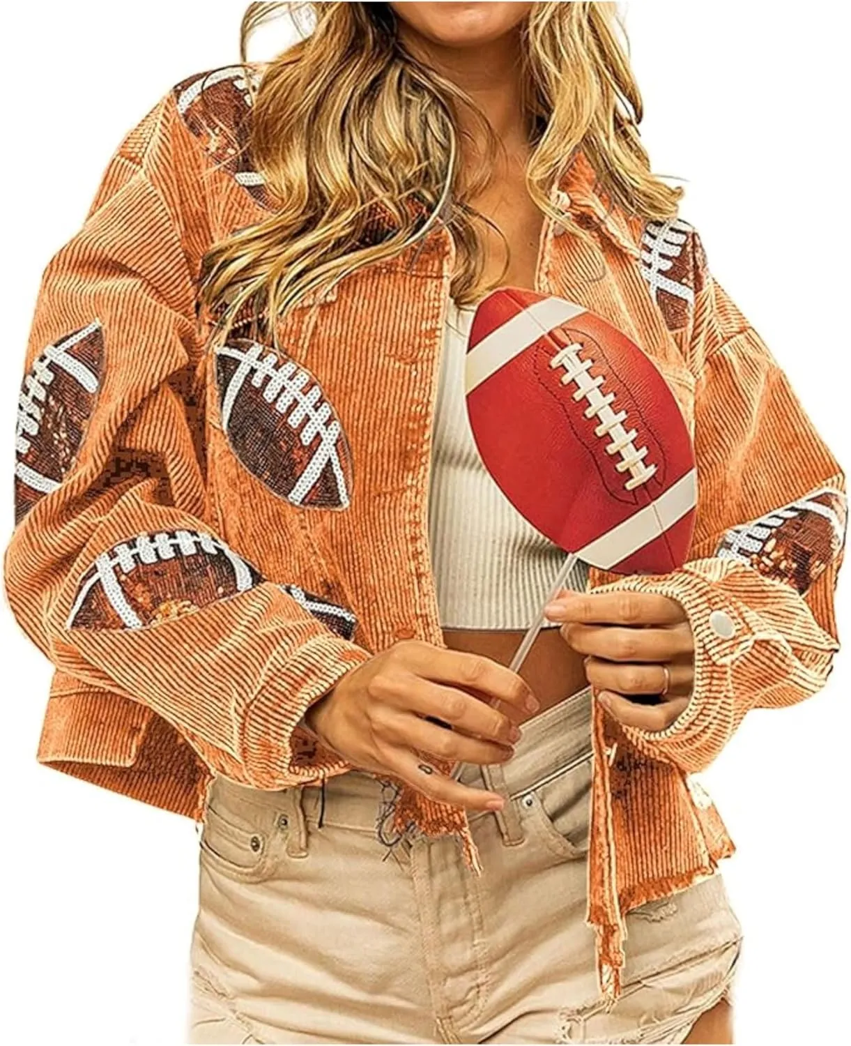 SeekMe Women's Cropped Corduroy Jacket Football Sequin Patched Short Button Raw Hem Jacket Coat