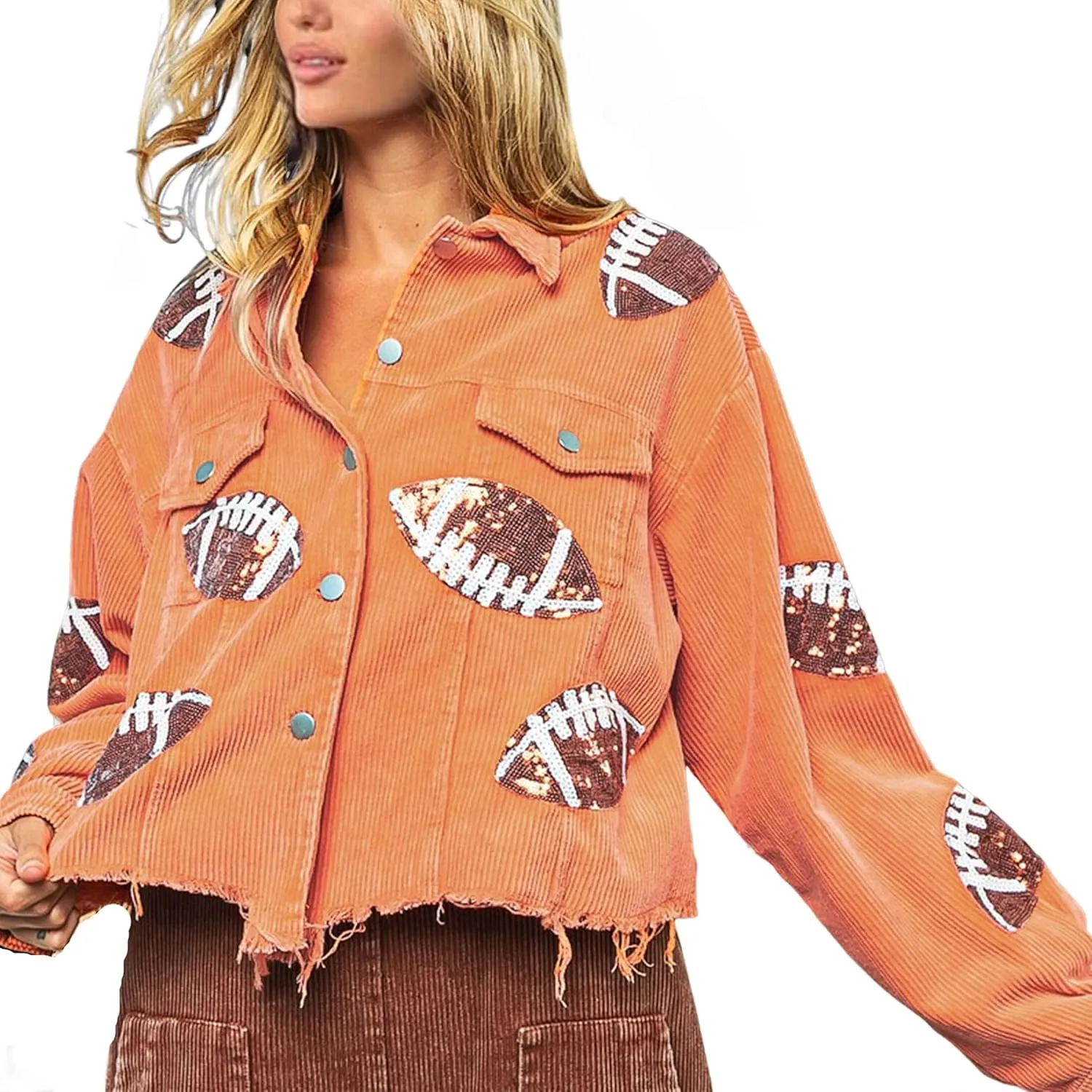 SeekMe Women's Cropped Corduroy Jacket Football Sequin Patched Short Button Raw Hem Jacket Coat