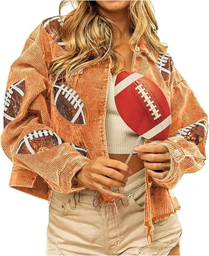 SeekMe Women's Cropped Corduroy Jacket Football Sequin Patched Short Button Raw Hem Jacket Coat