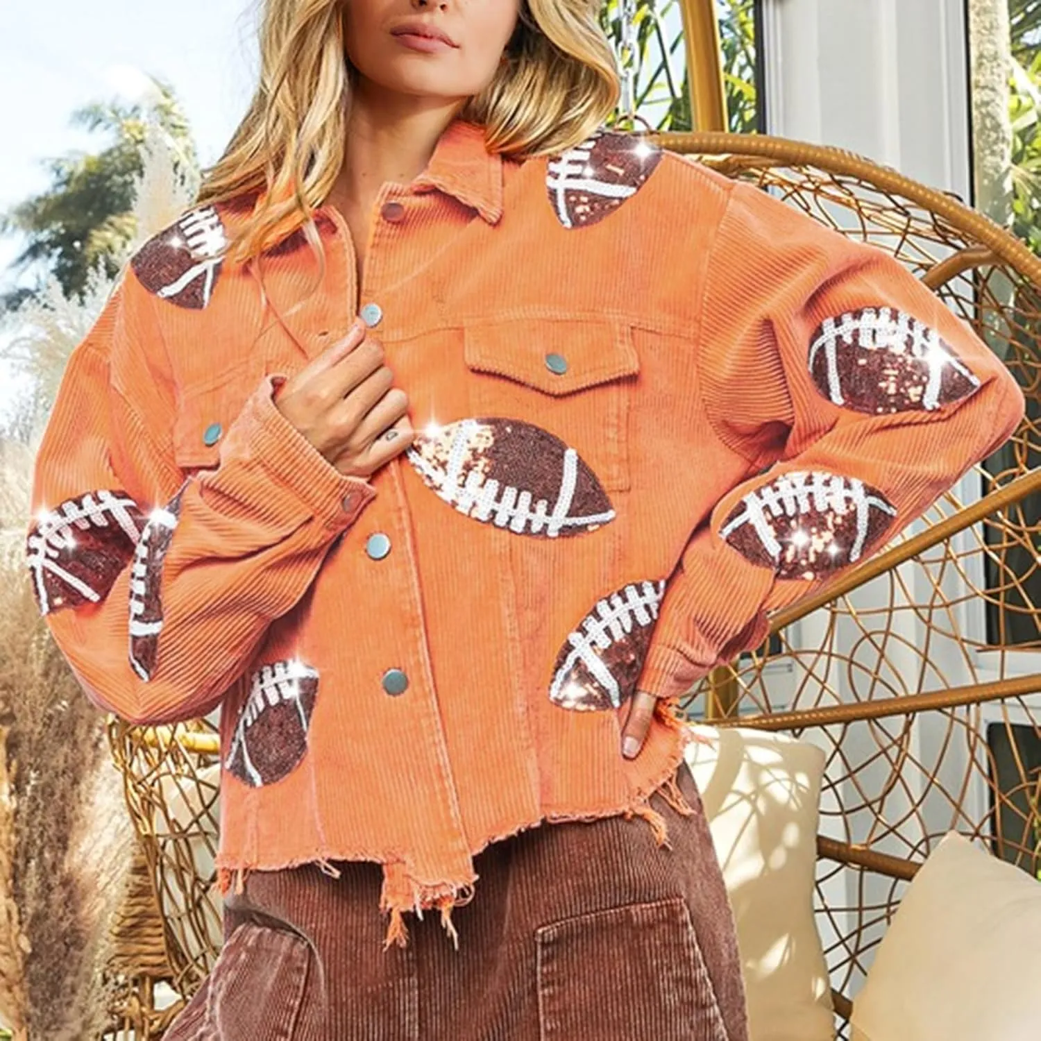 SeekMe Women's Cropped Corduroy Jacket Football Sequin Patched Short Button Raw Hem Jacket Coat
