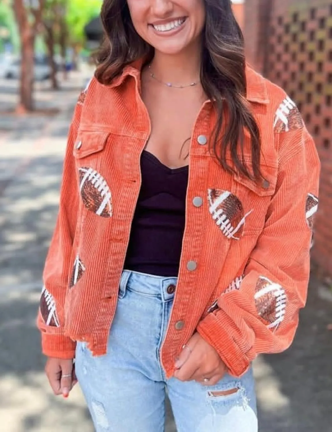 SeekMe Women's Cropped Corduroy Jacket Football Sequin Patched Short Button Raw Hem Jacket Coat