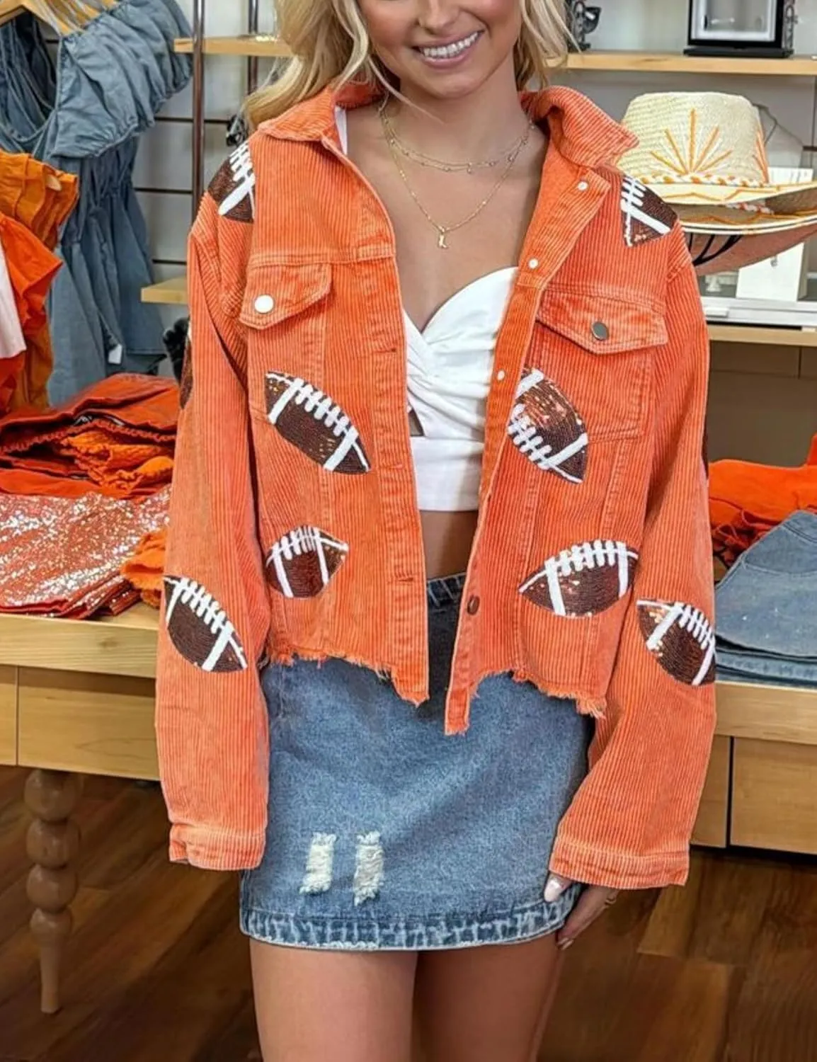 SeekMe Women's Cropped Corduroy Jacket Football Sequin Patched Short Button Raw Hem Jacket Coat
