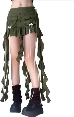 SEMATOMALA Women's Asymmetrical Hem Y2K Ruffle Mini Skirt Fringe Patchwork Summer Pleated Cargo Skirt Streetwear