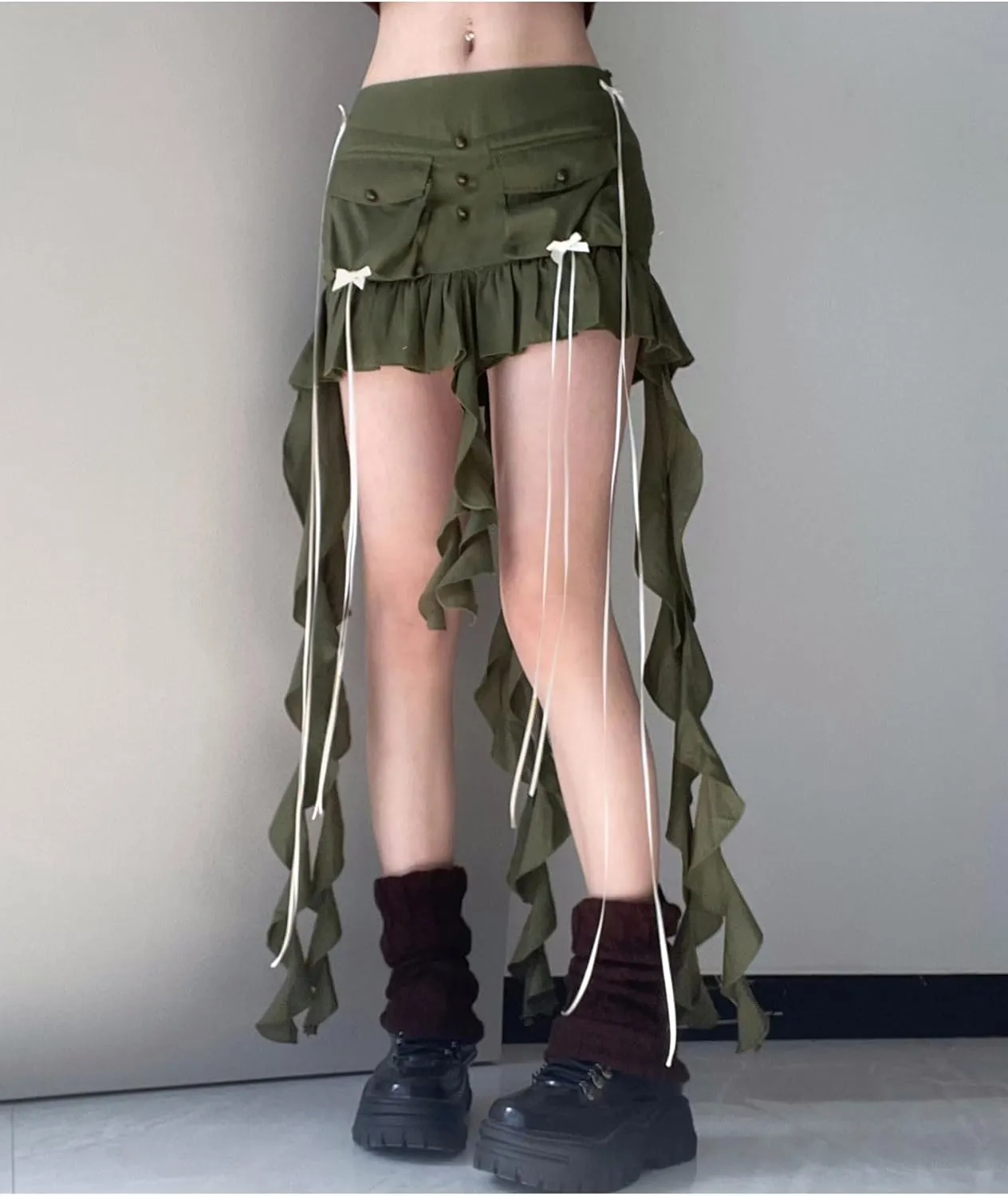 SEMATOMALA Women's Asymmetrical Hem Y2K Ruffle Mini Skirt Fringe Patchwork Summer Pleated Cargo Skirt Streetwear