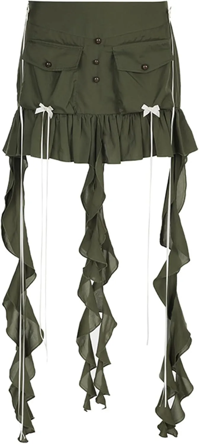 SEMATOMALA Women's Asymmetrical Hem Y2K Ruffle Mini Skirt Fringe Patchwork Summer Pleated Cargo Skirt Streetwear