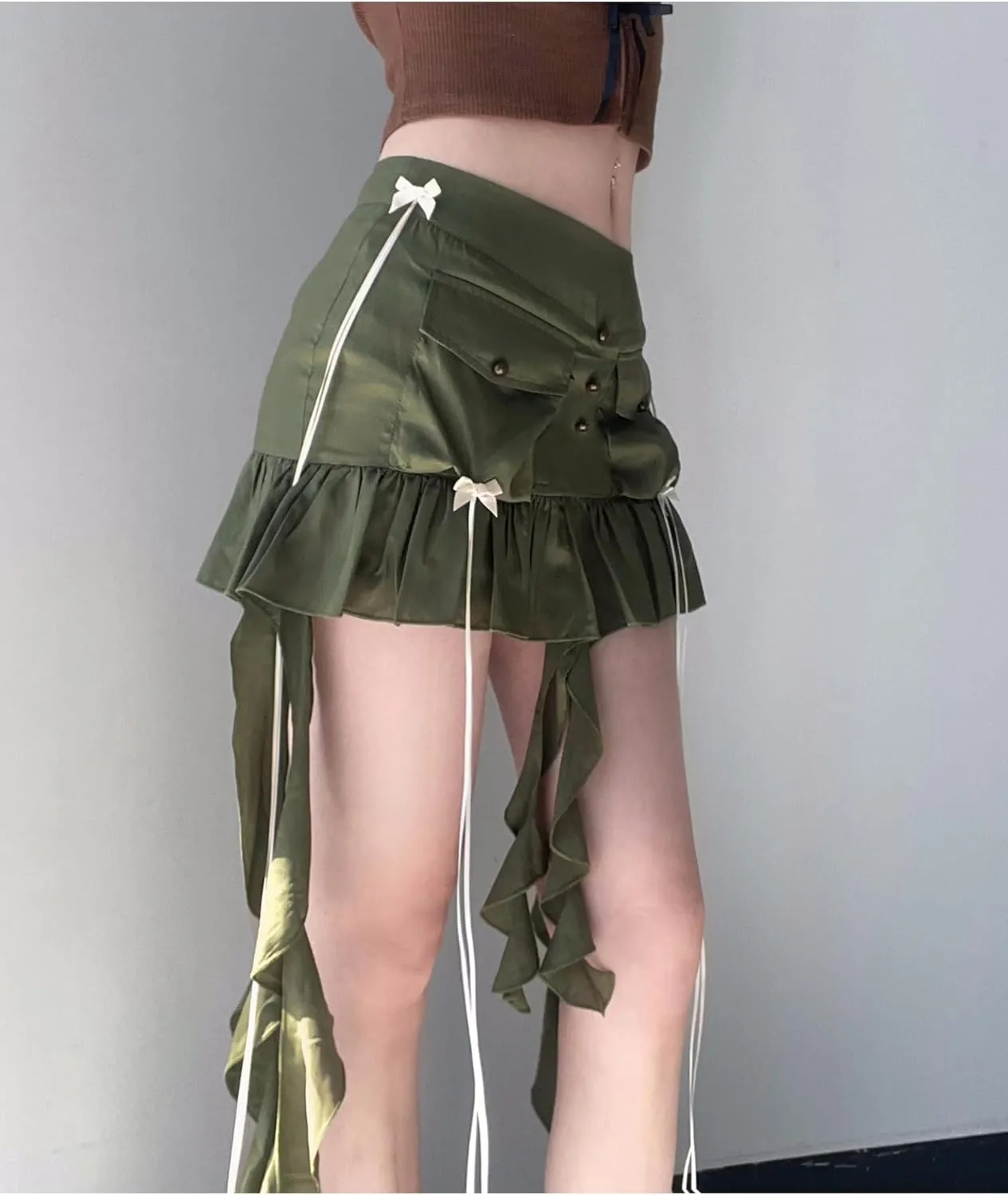 SEMATOMALA Women's Asymmetrical Hem Y2K Ruffle Mini Skirt Fringe Patchwork Summer Pleated Cargo Skirt Streetwear