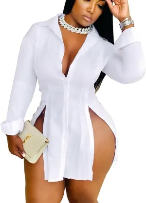 Sexy Shirts for Women Button Up Shirt Dress Outfits Party Long Sleeve Side Split Blouse Top