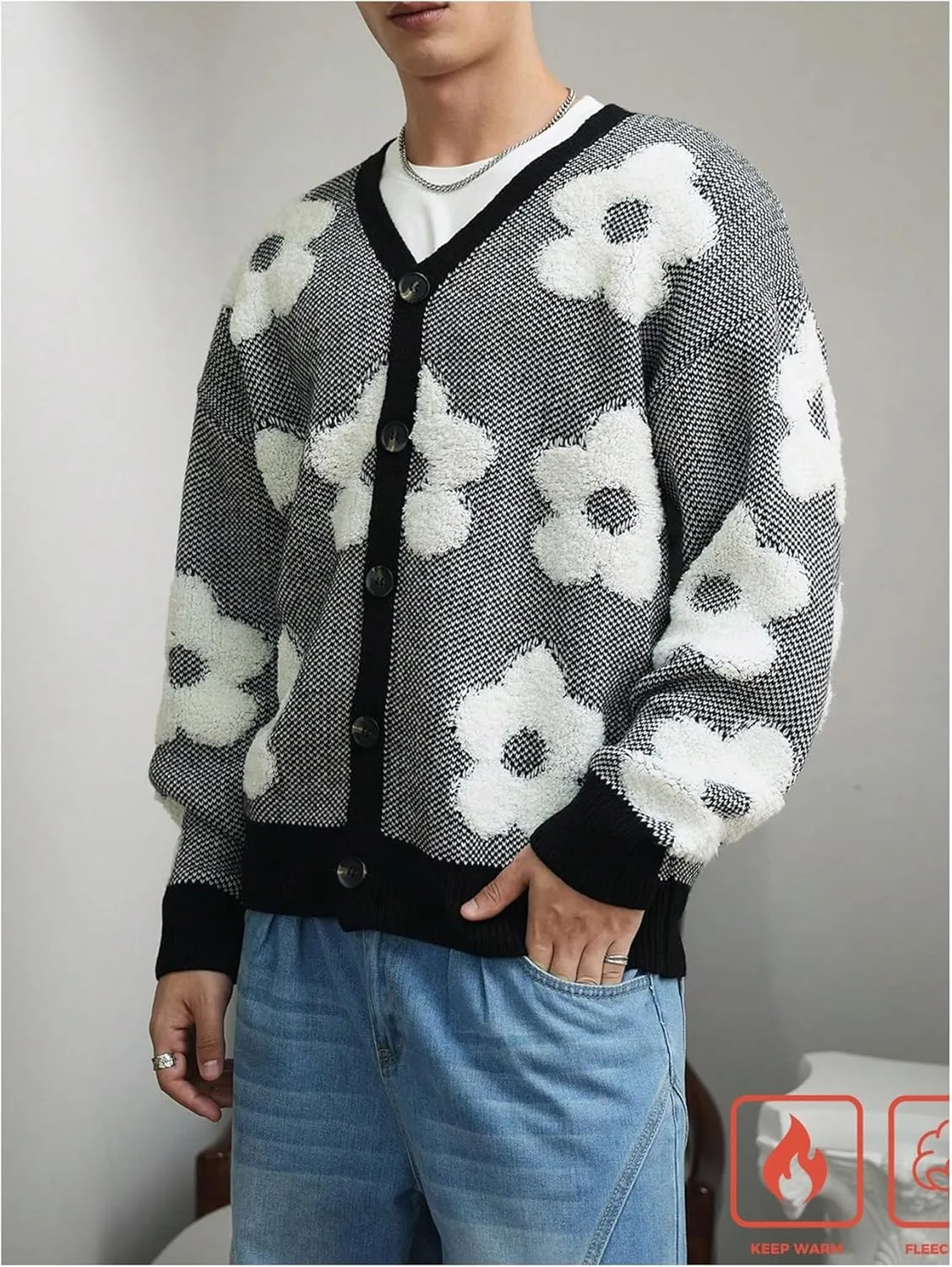 SHENHE Men's Skeleton Pattern Cardigan Sweaters Long Sleeve Unisex Outwear Knitted Coats