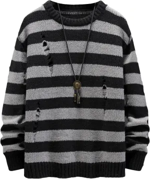 SHENHE Men's Striped Pattern Knit Pullover Ripped Drop Shoulder Sweater