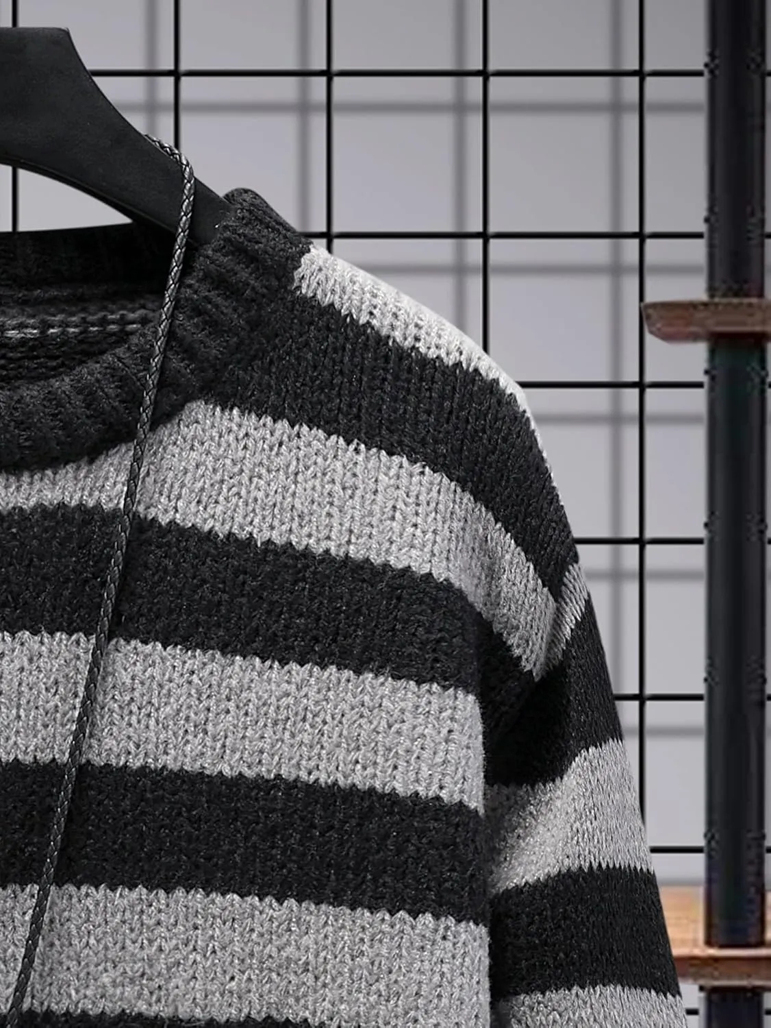 SHENHE Men's Striped Pattern Knit Pullover Ripped Drop Shoulder Sweater