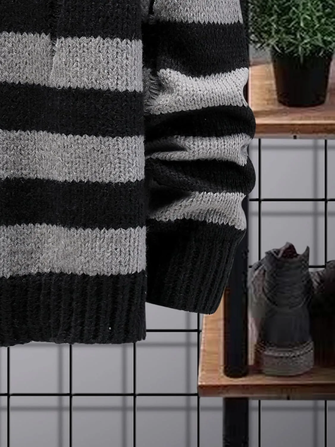 SHENHE Men's Striped Pattern Knit Pullover Ripped Drop Shoulder Sweater