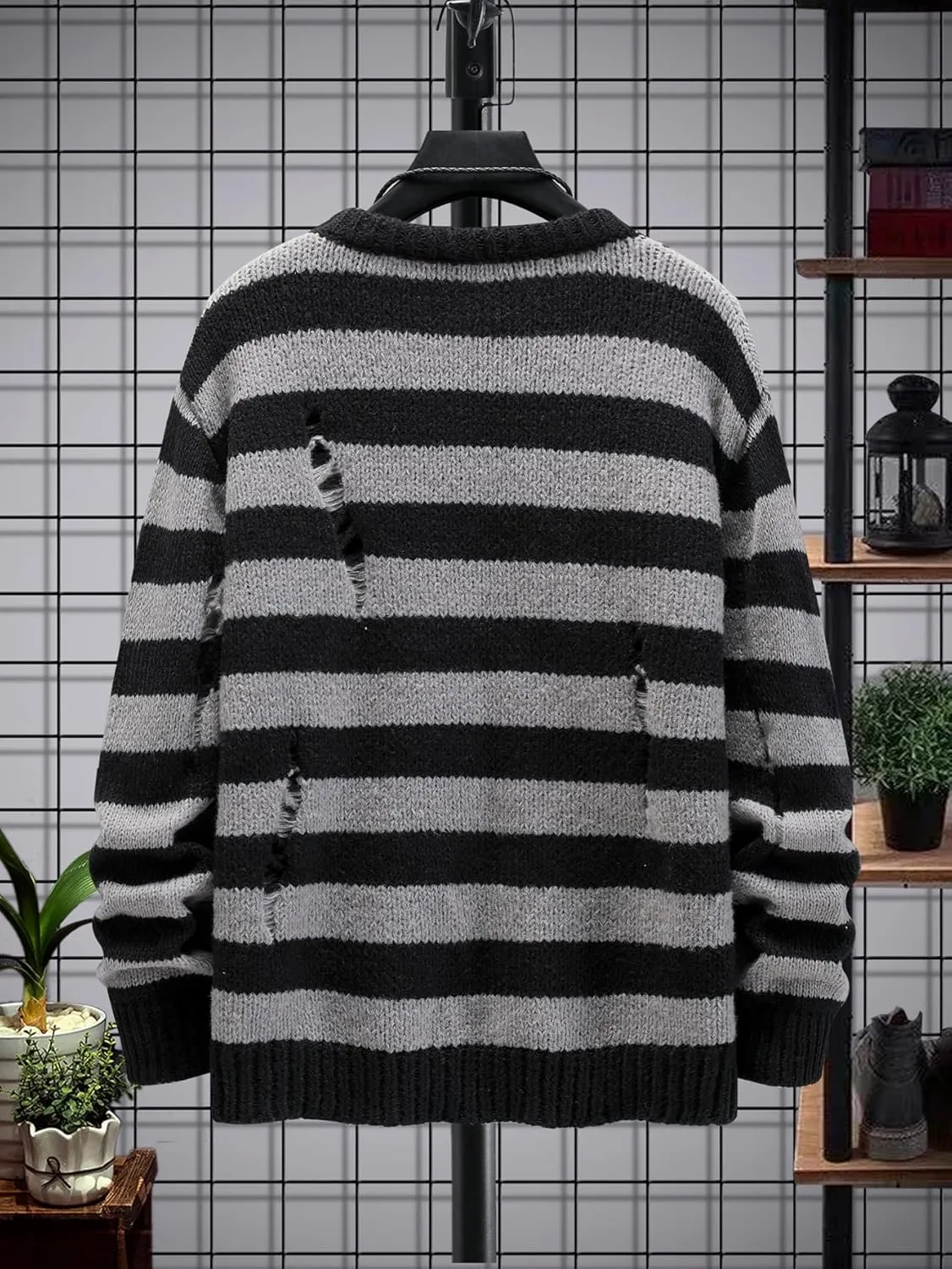 SHENHE Men's Striped Pattern Knit Pullover Ripped Drop Shoulder Sweater