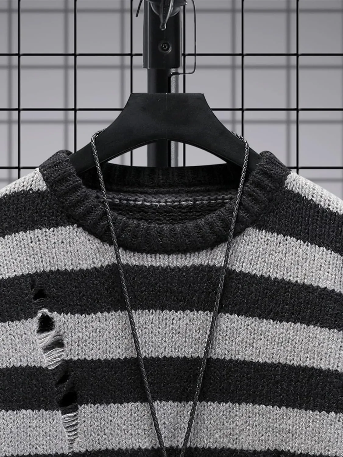 SHENHE Men's Striped Pattern Knit Pullover Ripped Drop Shoulder Sweater