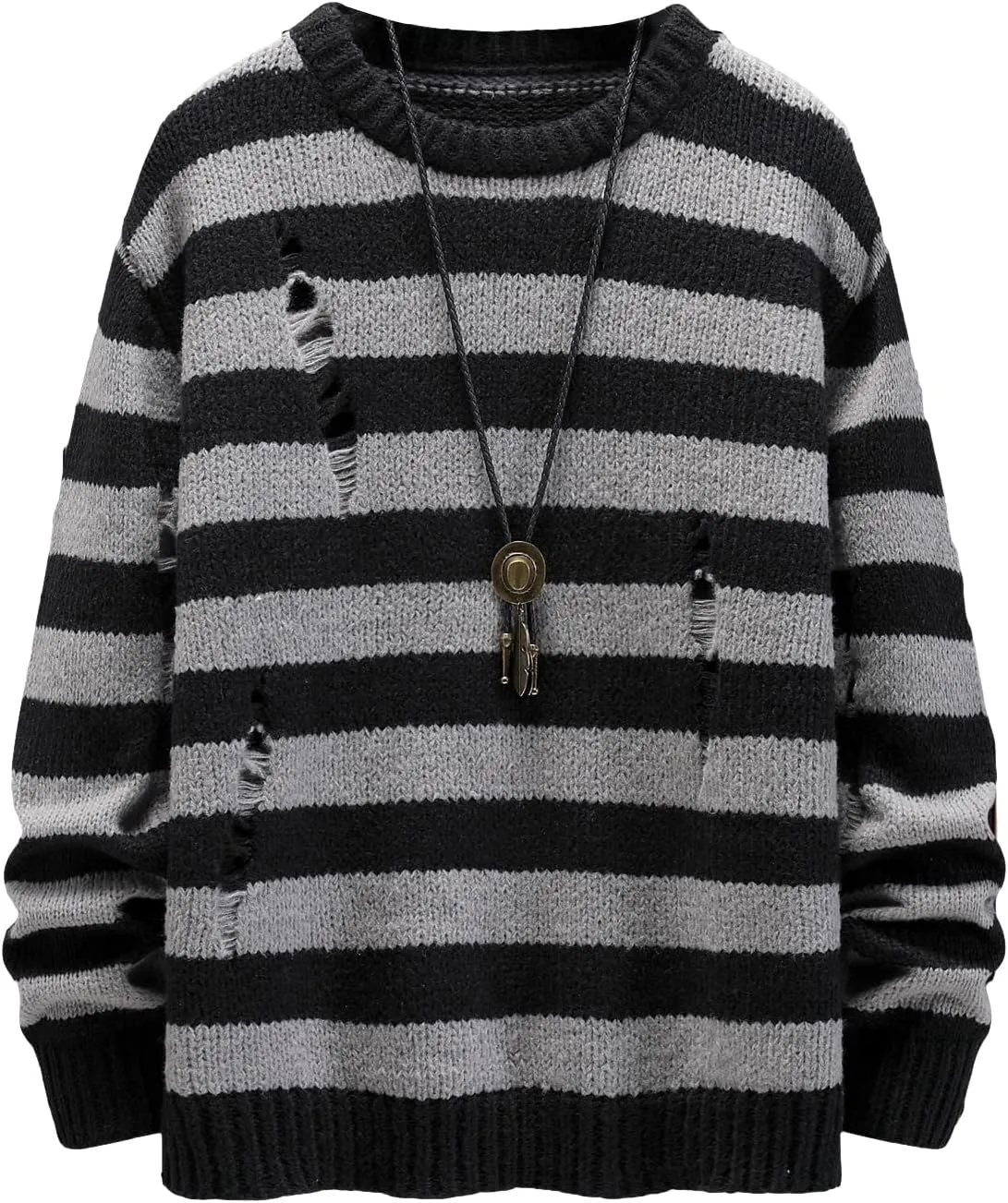 SHENHE Men's Striped Pattern Knit Pullover Ripped Drop Shoulder Sweater