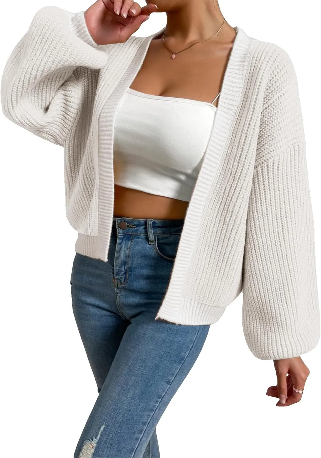 SHENHE Women's Color Block Open Front Long Sleeve Ribbed Knit Cropped Cardigan Sweaters