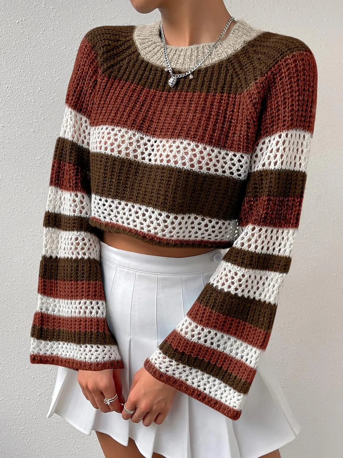 SHENHE Women's Crochet Striped Color Block Crewneck Long Sleeve Knit Cropped Sweater Tops