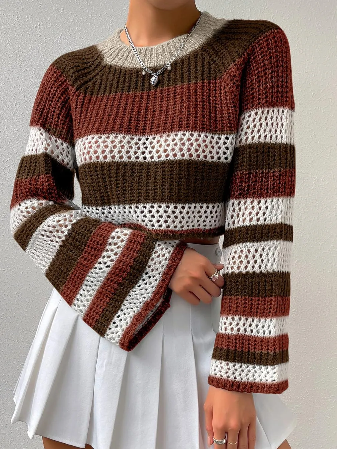 SHENHE Women's Crochet Striped Color Block Crewneck Long Sleeve Knit Cropped Sweater Tops