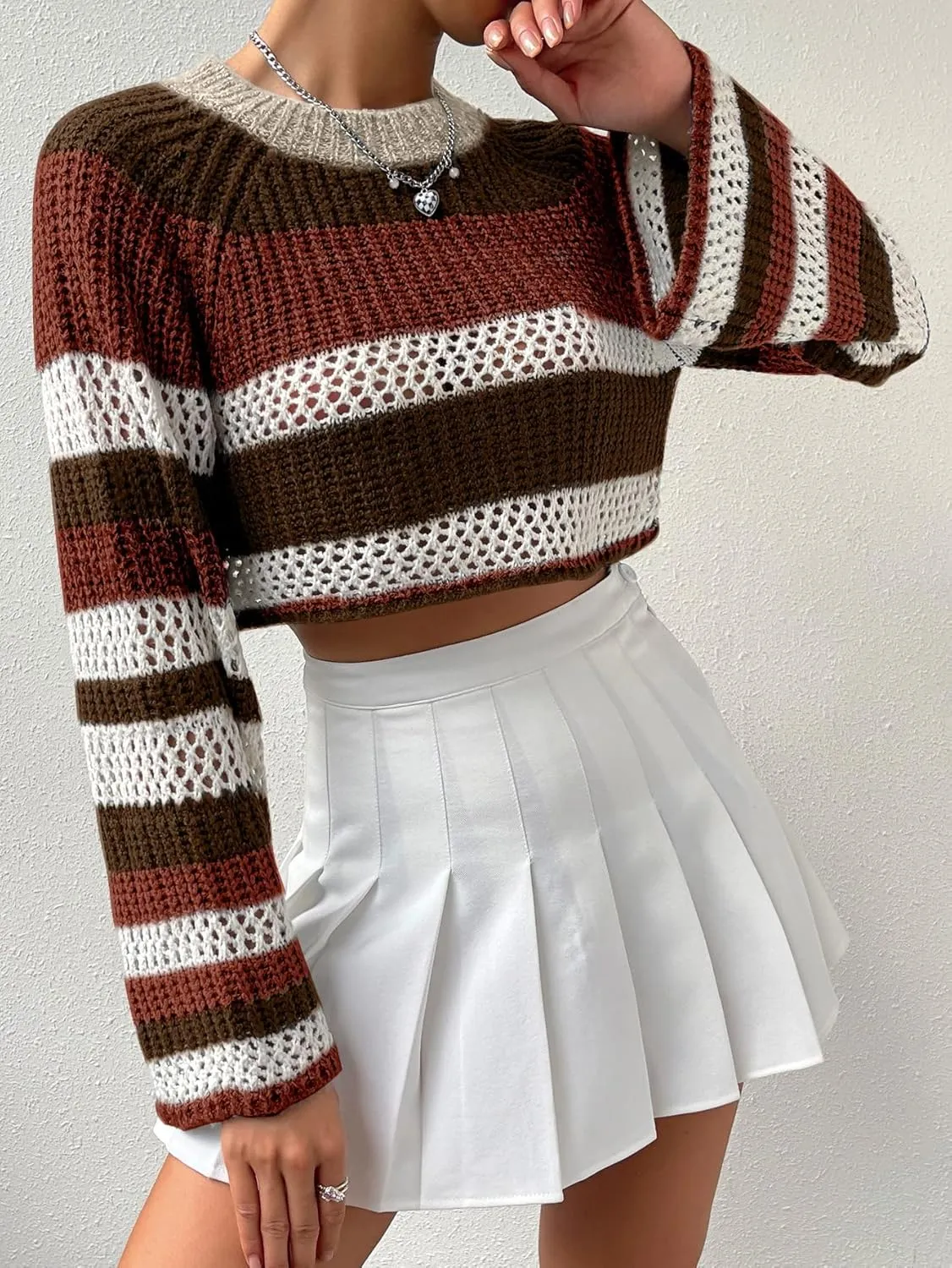 SHENHE Women's Crochet Striped Color Block Crewneck Long Sleeve Knit Cropped Sweater Tops