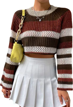 SHENHE Women's Crochet Striped Color Block Crewneck Long Sleeve Knit Cropped Sweater Tops