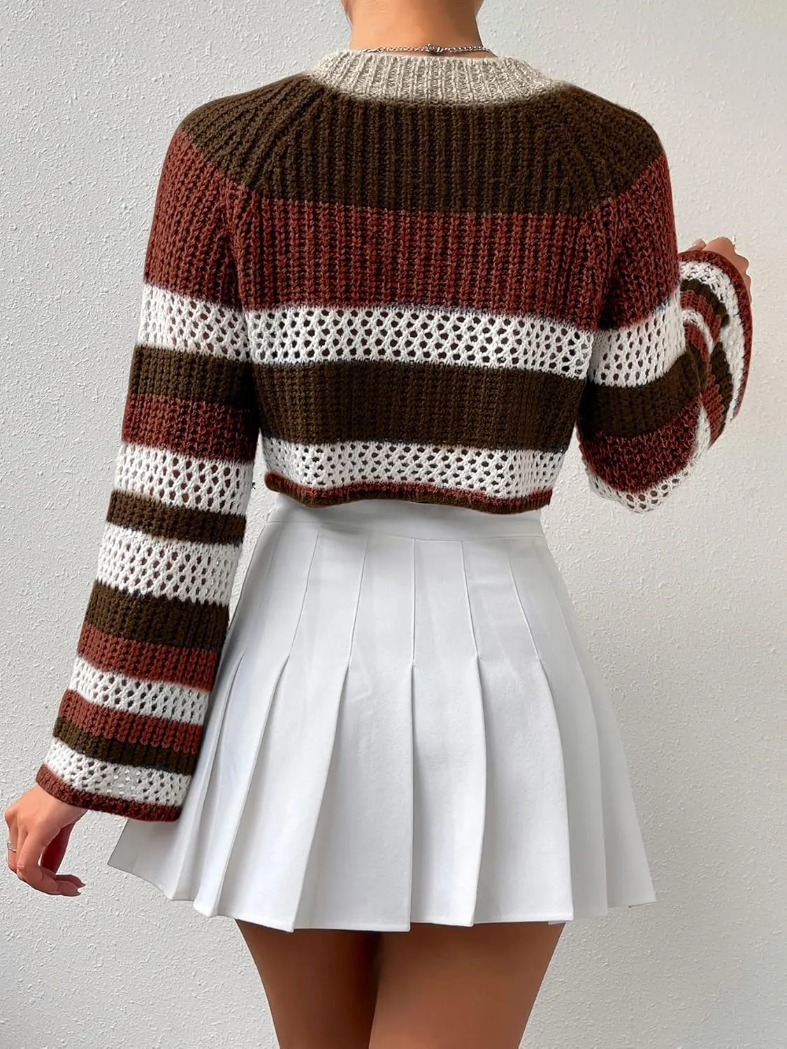 SHENHE Women's Crochet Striped Color Block Crewneck Long Sleeve Knit Cropped Sweater Tops