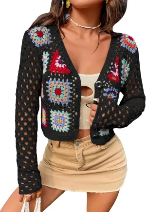 SHENHE Women's Floral Crochet Cardigan Hollow Out V Neck Button Down Long Sleeve Cropped Sweater