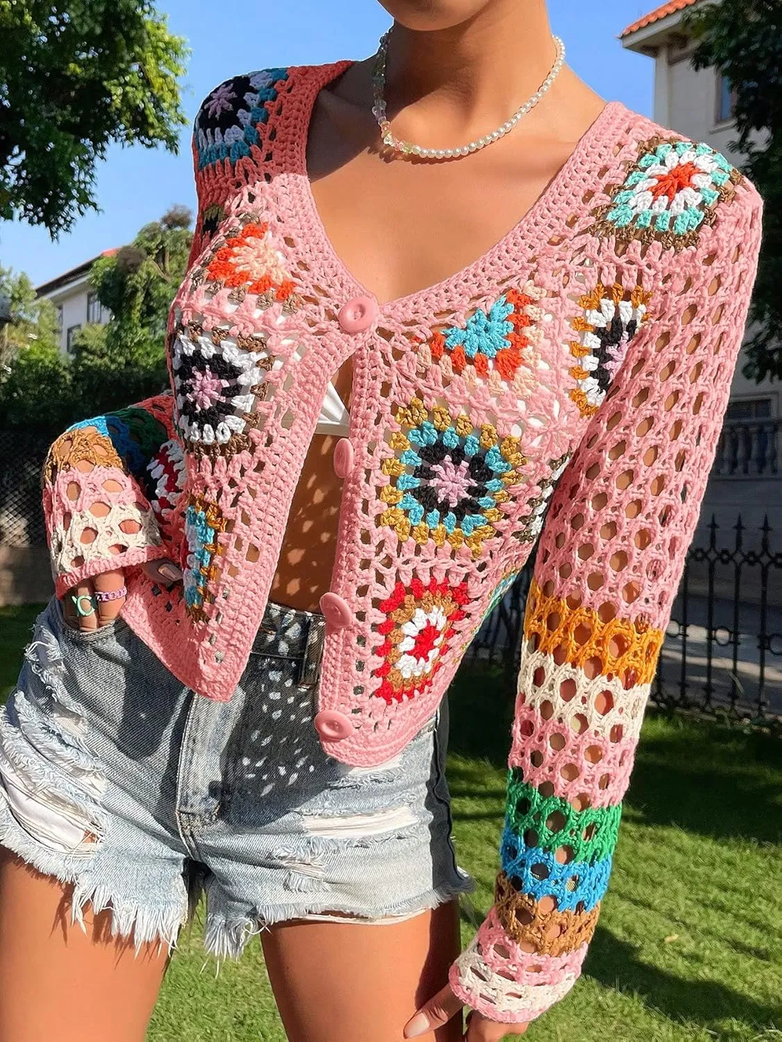 SHENHE Women's Floral Crochet Cardigan Hollow Out V Neck Button Down Long Sleeve Cropped Sweater