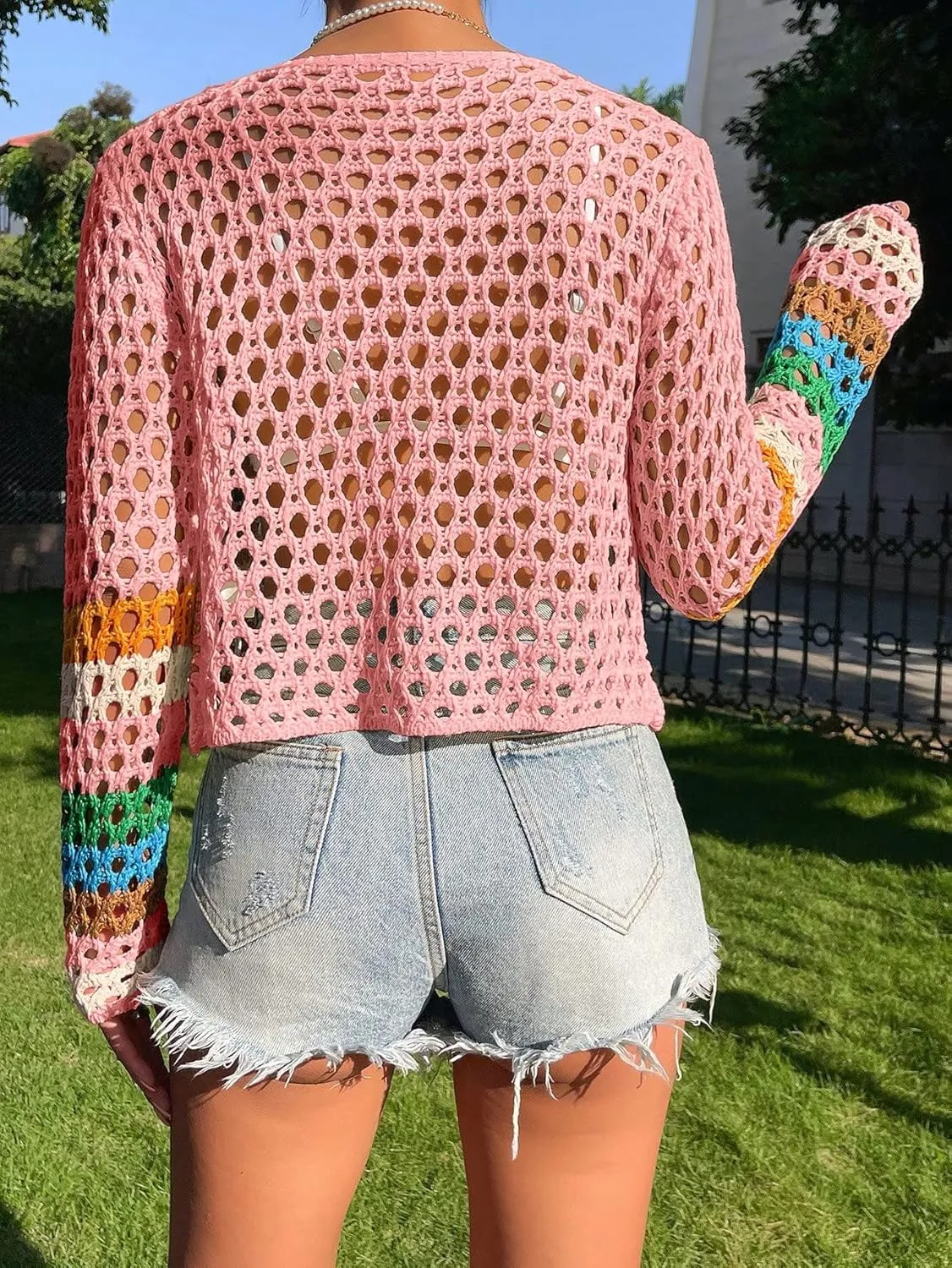 SHENHE Women's Floral Crochet Cardigan Hollow Out V Neck Button Down Long Sleeve Cropped Sweater
