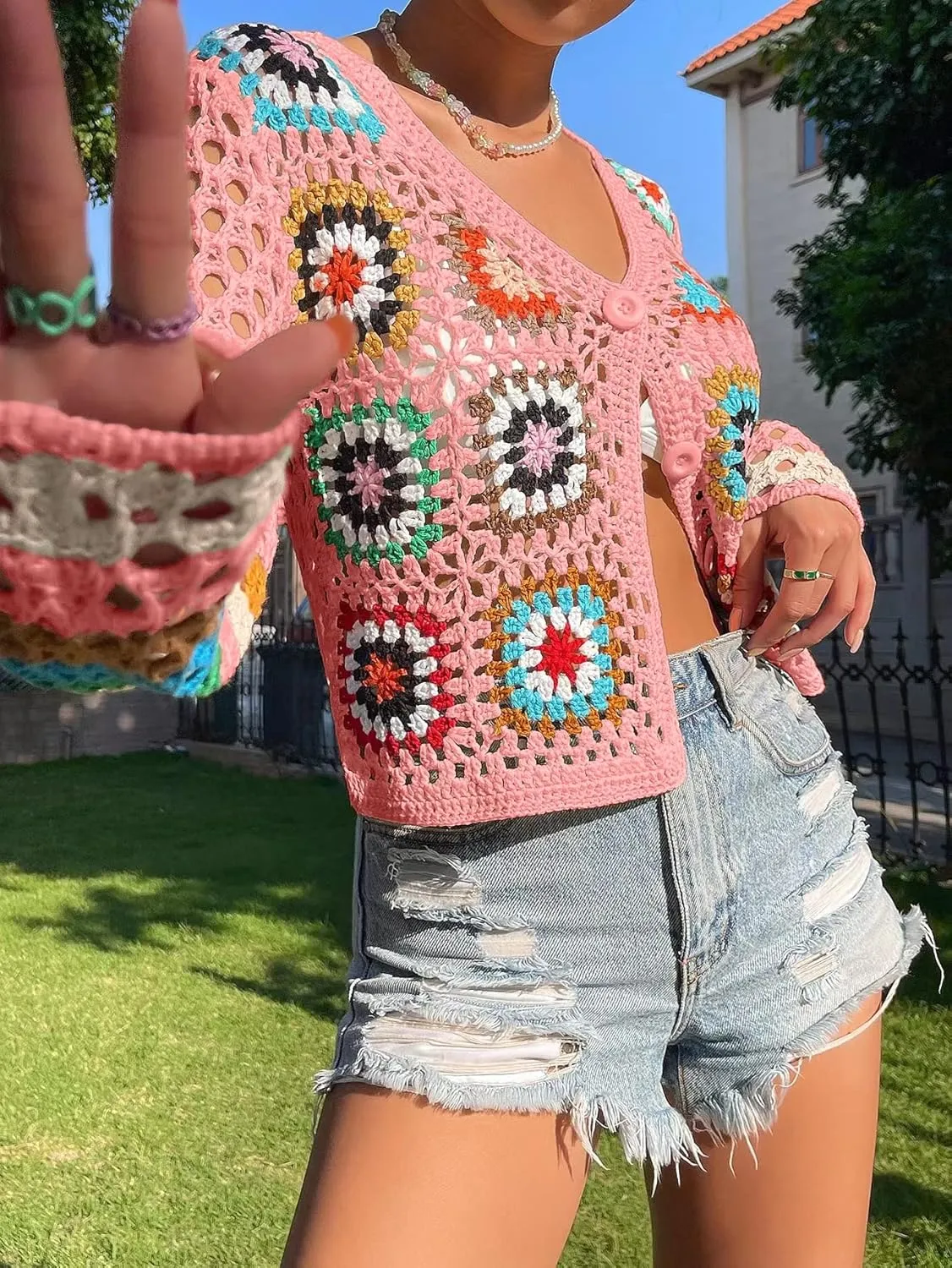 SHENHE Women's Floral Crochet Cardigan Hollow Out V Neck Button Down Long Sleeve Cropped Sweater
