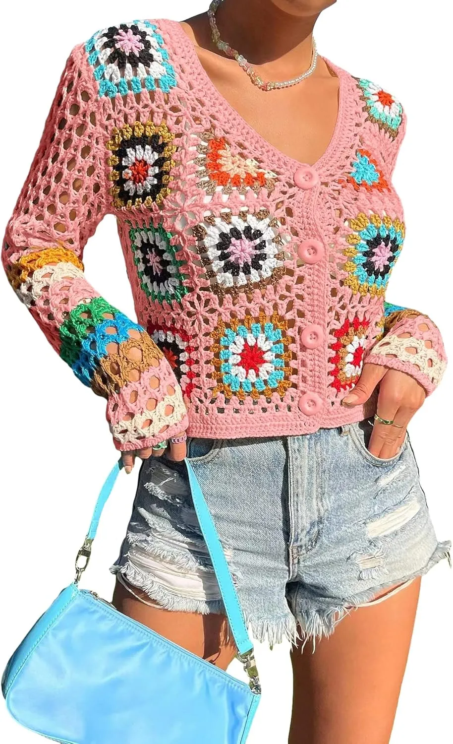 SHENHE Women's Floral Crochet Cardigan Hollow Out V Neck Button Down Long Sleeve Cropped Sweater