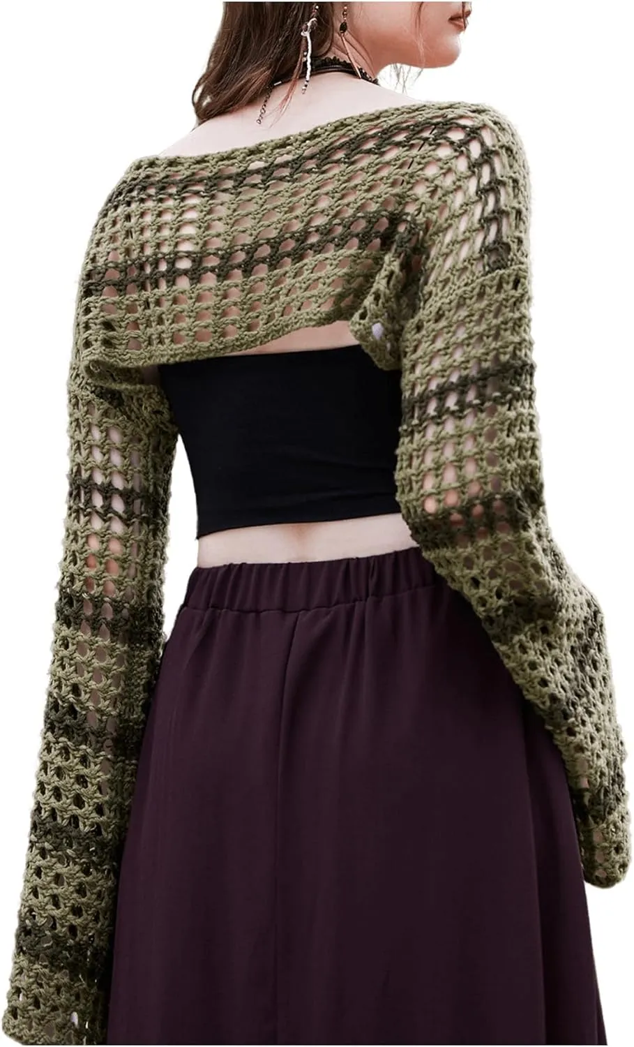 SHENHE Women's Hollow Out Knit Bolero Shrug Crochet Cropped Sweater Top Bell Long Sleeve Y2K Cover Up Top