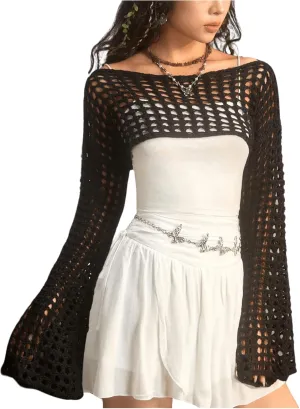SHENHE Women's Hollow Out Knit Bolero Shrug Crochet Cropped Sweater Top Bell Long Sleeve Y2K Cover Up Top